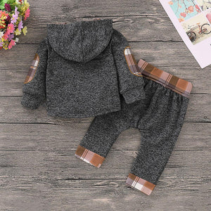 Casual Plaid Hooded Long-sleeve Shirt and Pants Set for Baby