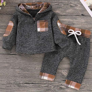Casual Plaid Hooded Long-sleeve Shirt and Pants Set for Baby